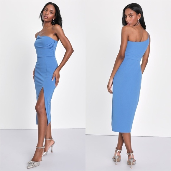 LULU’S Elegant Allure Slate Blue One Shoulder Sleeveless Midi Dress - Picture 1 of 6